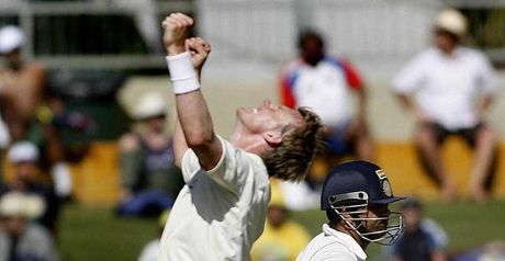 Gone: Lee celebrates his dismissal of Tendulkar