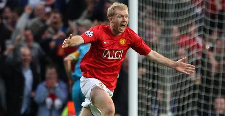 Paul Scholes celebrates scoring the semi-final winner against Barcelona