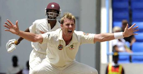 Lee appeals successfully for the wicket of Ramdin
