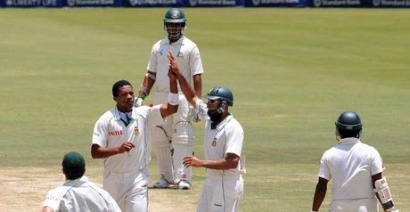 Makhaya Ntini celebrates the wicket of Imrul Kayes on the stroke of lunch