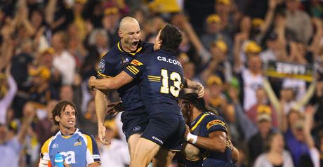 Mortlock celebrates with his Brumbies team-mates