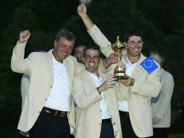 The Dubliner celebrates with Darren Clarke (L) and Padraig Harrington&nbsp;
