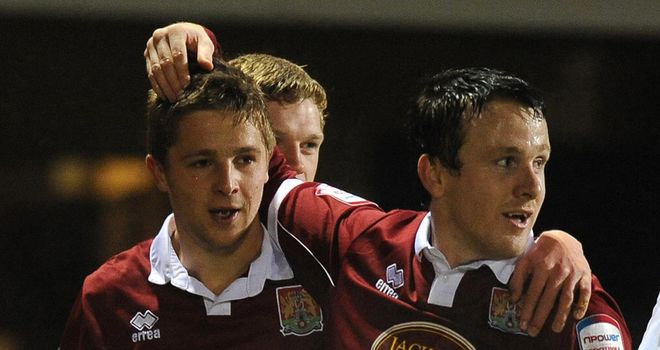 Jacobs (left): Celebrates his goal with Thornton