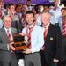 Sir Bobby Charlton presents Giggs with a watch after the winger broke the record for United appearances in the final in Moscow