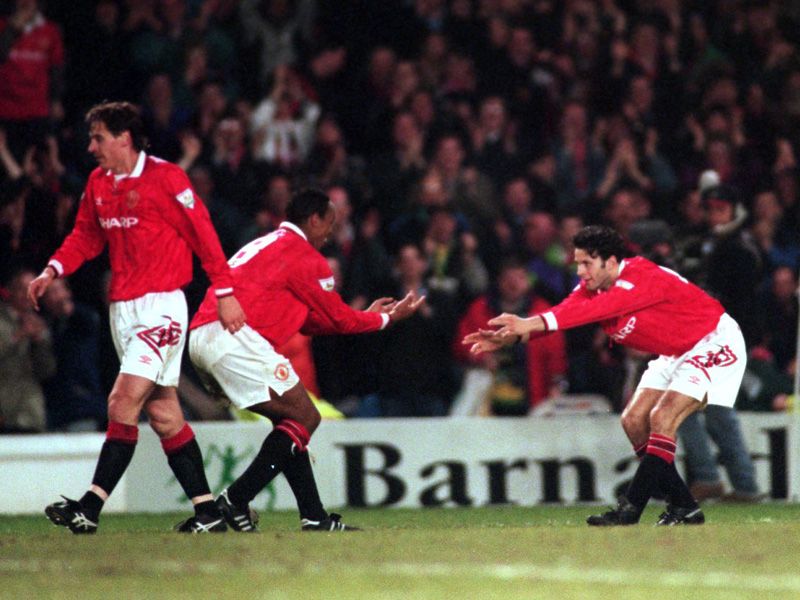 Giggs and Paul Ince perform their trademark celebration in 1993