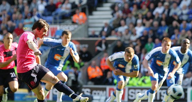 On the spot: Baines slots home for Everton against his former club