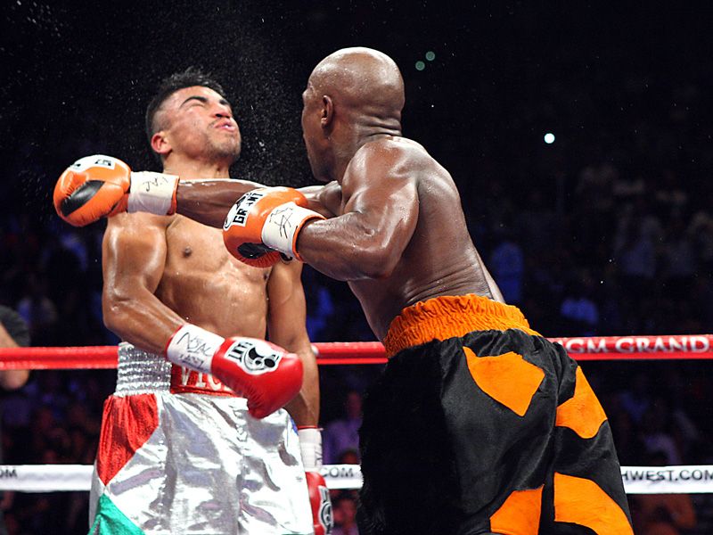 But it didn't get any better as Mayweather unloaded with a left hook and a right...