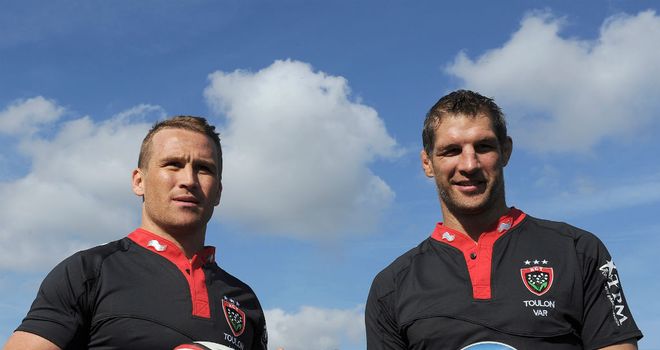Matt Giteau and Simon Shaw are presented to the media by Toulon