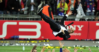 Guardiola: Celebrates their 2011 Champions League triumph at Wembley