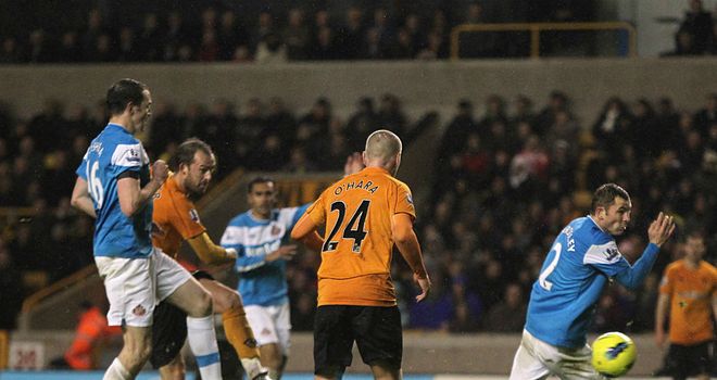 Steven Fletcher fires home the winning goal for Wolves against Sunderland