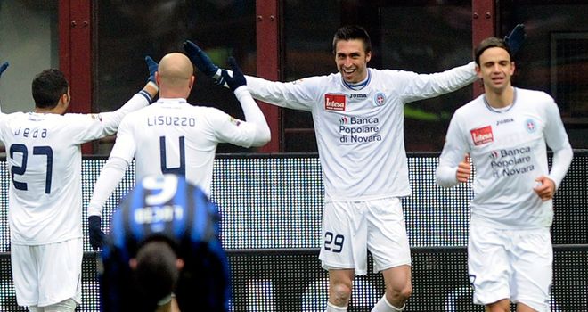 Andrea Caracciolo: Striker celebrates after scoring Novara's shock winner at Inter Milan