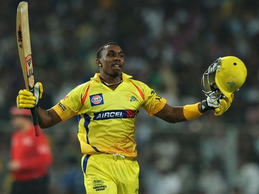 Dwayne Bravo celebrates his winning six