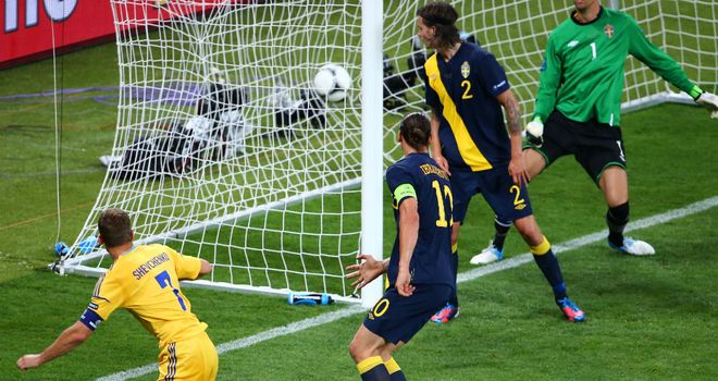 Zlatan Ibrahimovic watches on as Andriy Shevchenko heads home Ukraine's winner