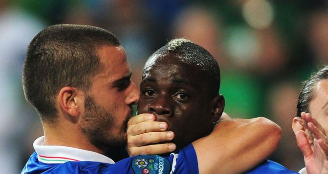 Leonardo Bonucci covers Mario Balotelli's mouth after the striker's goal against Ireland