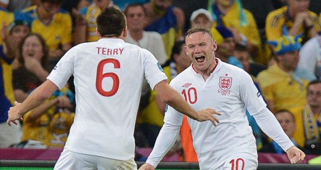 Rooney celebrates with John Terry after scoring against Ukraine at Euro 2012