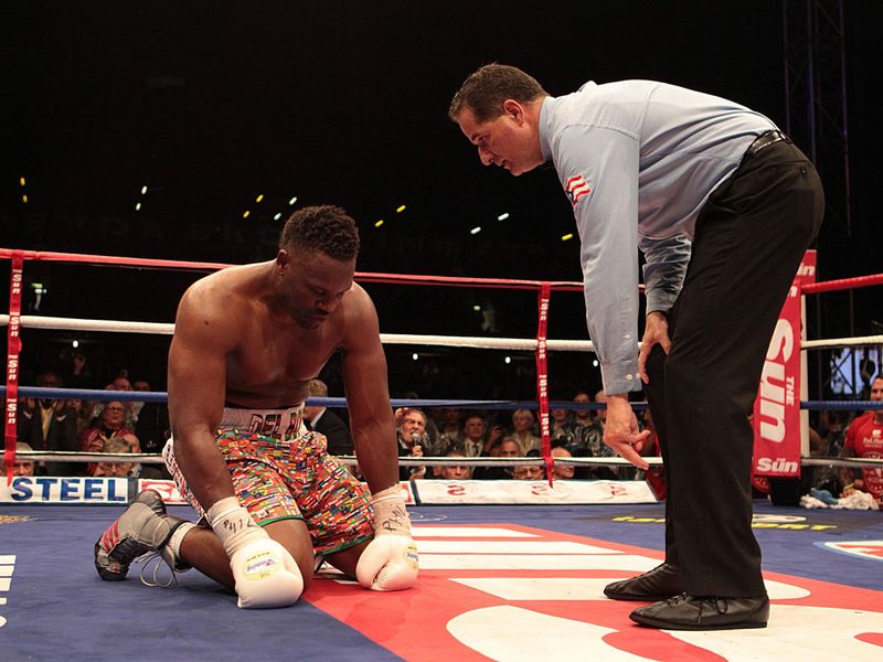 He managed to get up from this position but referee Luis Pabon waved off the contest.