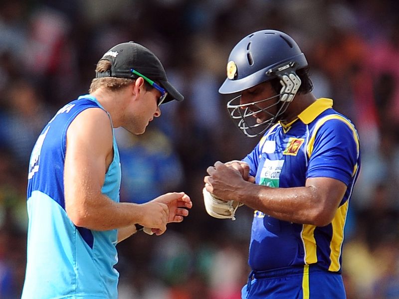 Kumar Sangakkara copped a nasty blow to the hand.