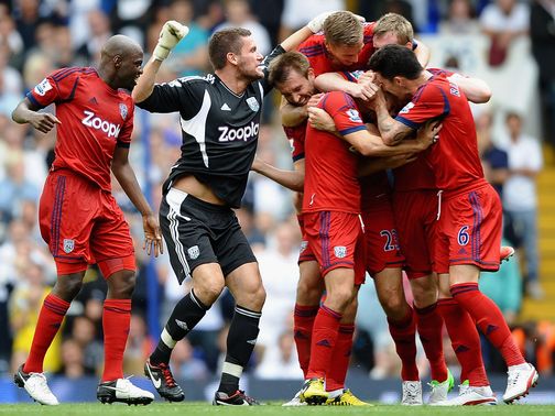 West Brom celebrate their last-gasp equaliser at Tottenham&nbsp;