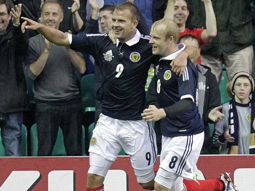Jordan Rhodes celebrates his goal for Scotland