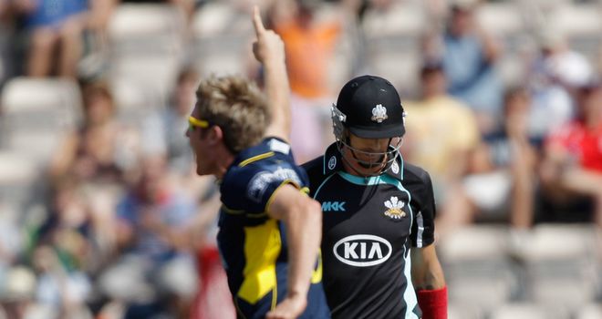 Liam Dawson celebrates after bowling Kevin Pietersen