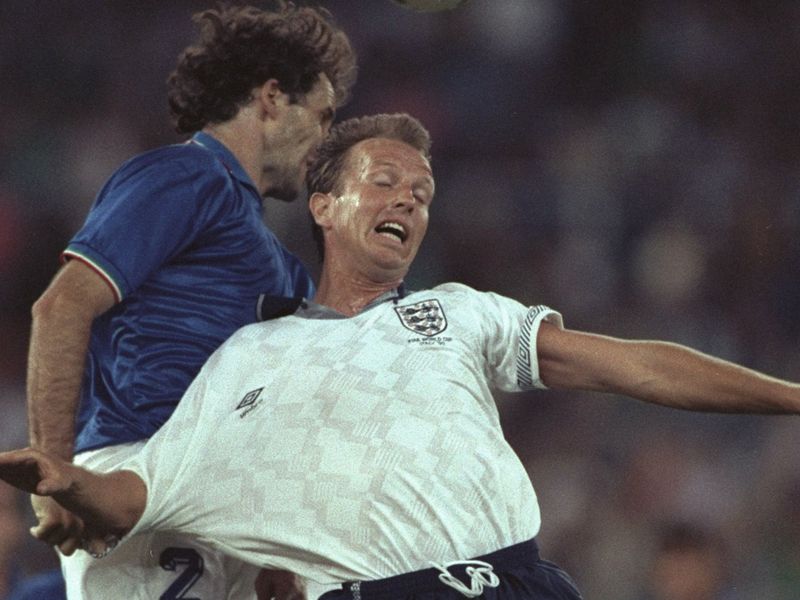 Trevor Steven is beaten in the air by Italy legend Franco Baresi during the World Cup third-place play-off in 1990