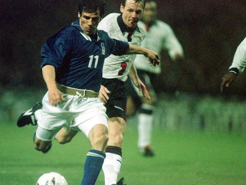 Gianfranco Zola scores the winner at Wembley in 1996 in a World Cup qualifier