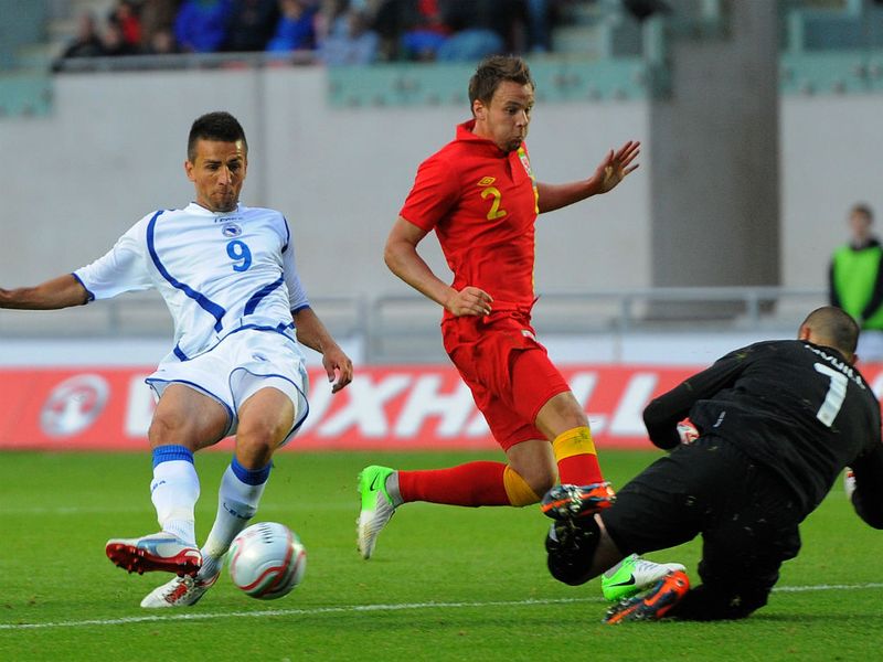 Bosnia's Vedad Ibisevic scores the opening goal past goalkeeper Boaz Myhill and Chris Gunter of Wales.