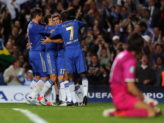 Chelsea celebrate after Oscar finds the net