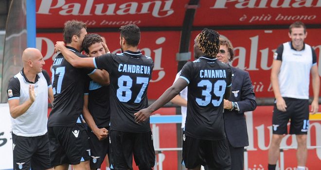 Lazio celebrate their third goal at Chievo