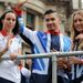 The gymnasts Beth Tweddle and Sky Sports Scholar Louis Smith share a float together.