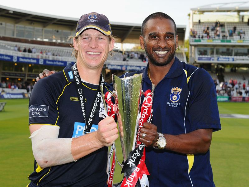 Adams, here posing with Dimitri Mascarenhas who missed the final due to injury, was named man-of-the-match