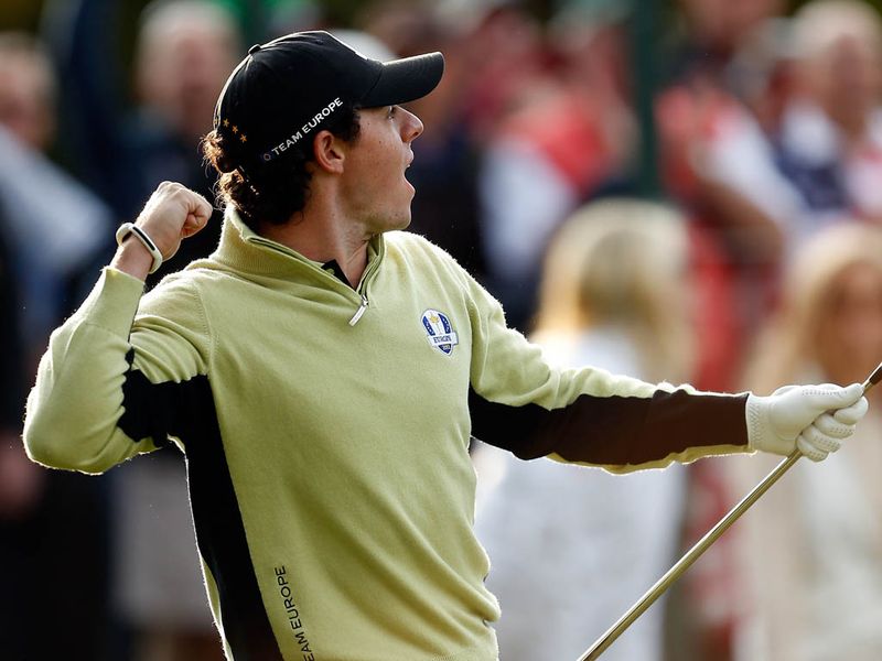 Rory McIlroy is jumping for joy after holing a magnificent chip shot on the fourth.