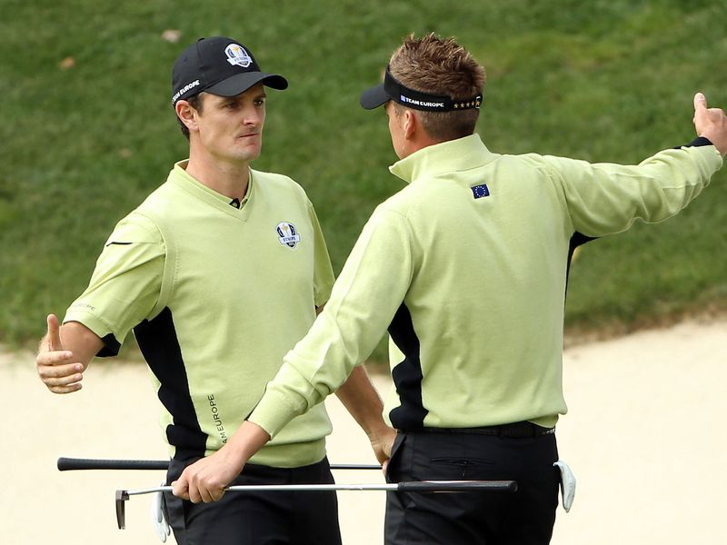 Justin Rose and Ian Poulter close out the bottom match against Woods and Stricker 2&1.