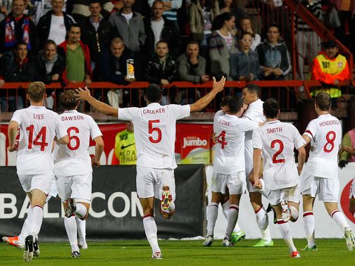 England Under-21s celebrate in Serbia