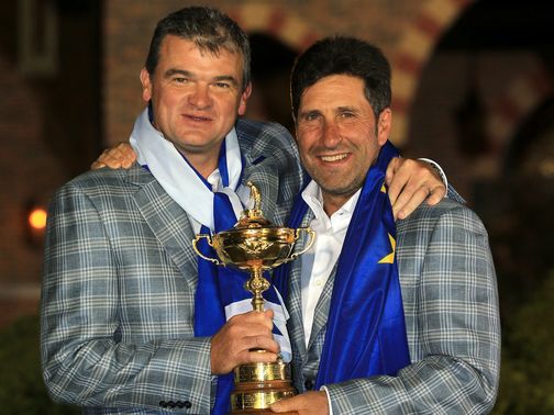 Paul Lawrie and Jose Maria Olazaba are all smiles.