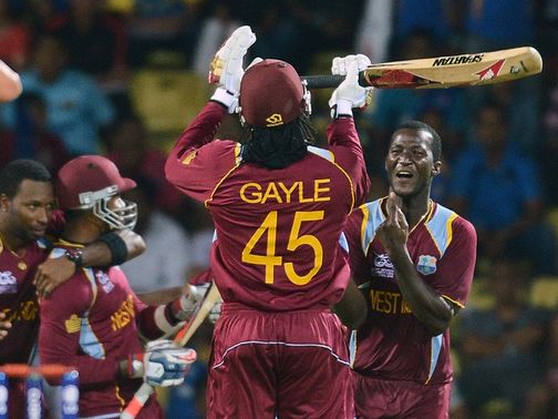 Gayle and the West Indies celebrate their win