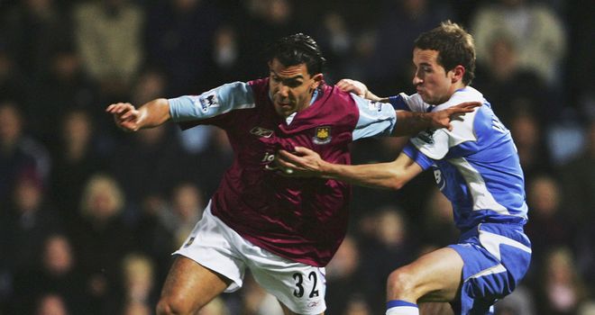 Carlos Tevez: Centre of row between West Ham and Sheffield United