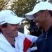 Great spirit between the teams is shown as Tiger Woods congratulates Rory McIlroy.