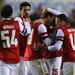 Marouane Chamakh is congratulated by his Gunners team-mates after putting them 5-4 ahead over Reading in extra-time.