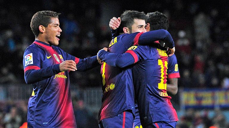 David Villa: Celebrates with Barca team-mates
