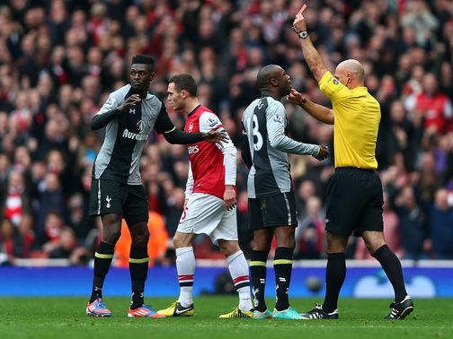 Emmanuel Adebayor is dismissed against Arsenal.