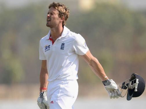 Nick Compton leaves the field after being dismissed on 79 by Sachin Rana&nbsp;