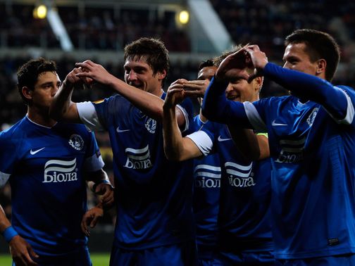 Dnipro celebrate Yevhen Seleznyov's goal