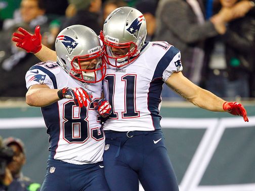 Wes Welker and Julian Edelman celebrate a touchdown