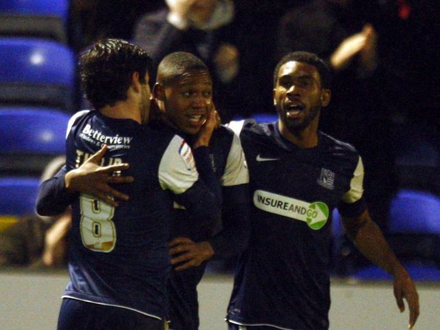 Britt Assombalonga: Celebrates his goal for Southend