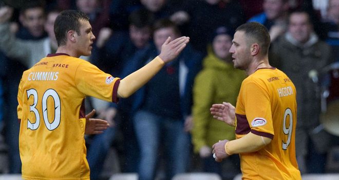 Adam Cummins: Congratulates Michael Higdon (r) after his equaliser
