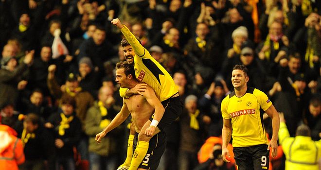 Elsad Zverotic celebrates his famous goal against Liverpool