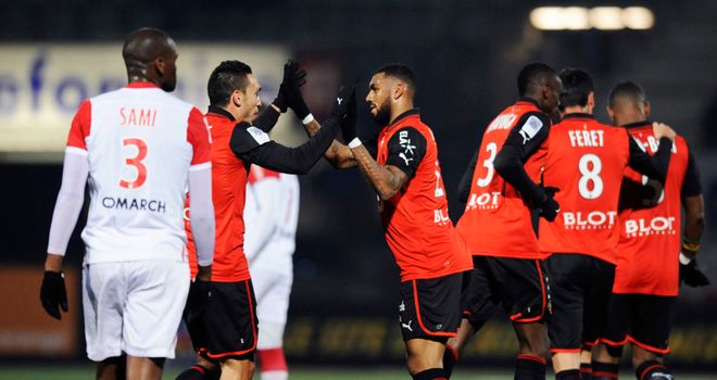 Mevlut Erding after putting Rennes ahead