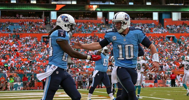 Chris Johnson and Jake Locker celebrate for Tennessee