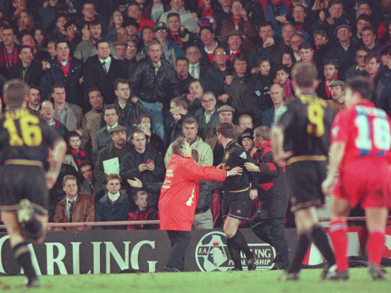 An Iconic shot in which Cantona lashed out at a spectator during a game against Crystal Palace.